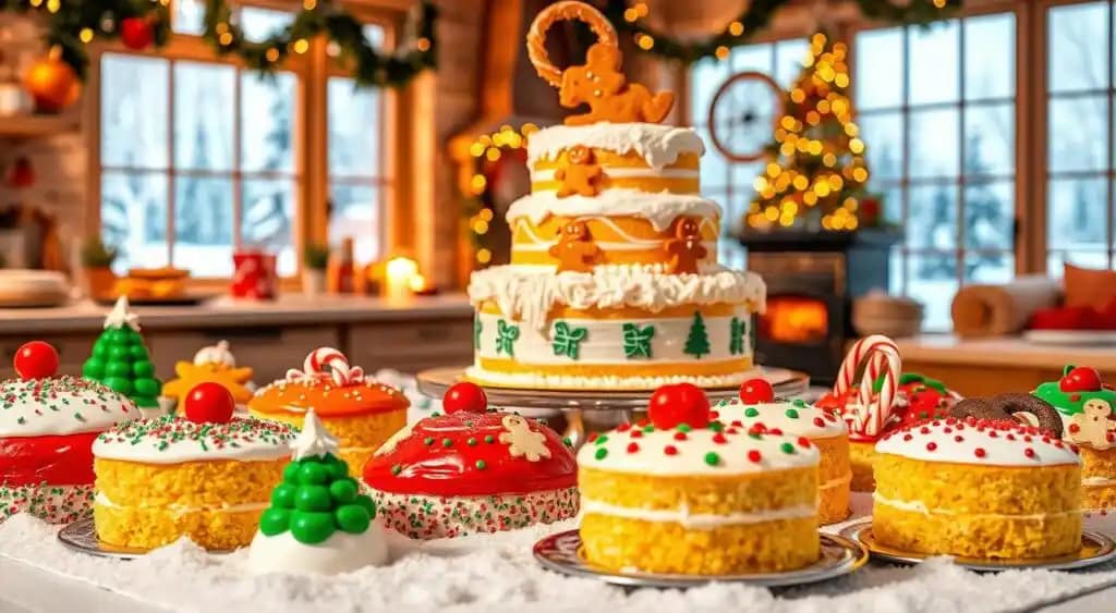 A festive spread of holiday-themed yellow cake recipes, set against a cozy winter backdrop. In the foreground, an assortment of decorative cakes adorned with vibrant red and green fondant, sprinkles, and candy canes. The middle ground features a tiered cake topped with a glistening, snowy frosting and adorned with delicate gingerbread people. In the background, a warm, softly lit kitchen filled with the aroma of freshly baked cakes, with a large window overlooking a picturesque winter landscape of snow-covered trees and a crackling fireplace. The overall scene conveys a sense of holiday cheer, comfort, and the joy of baking. A-festive-spread-of-holiday-themed-yellow-cake-recipes-set-against-a-cozy-winter-backdrop.-In