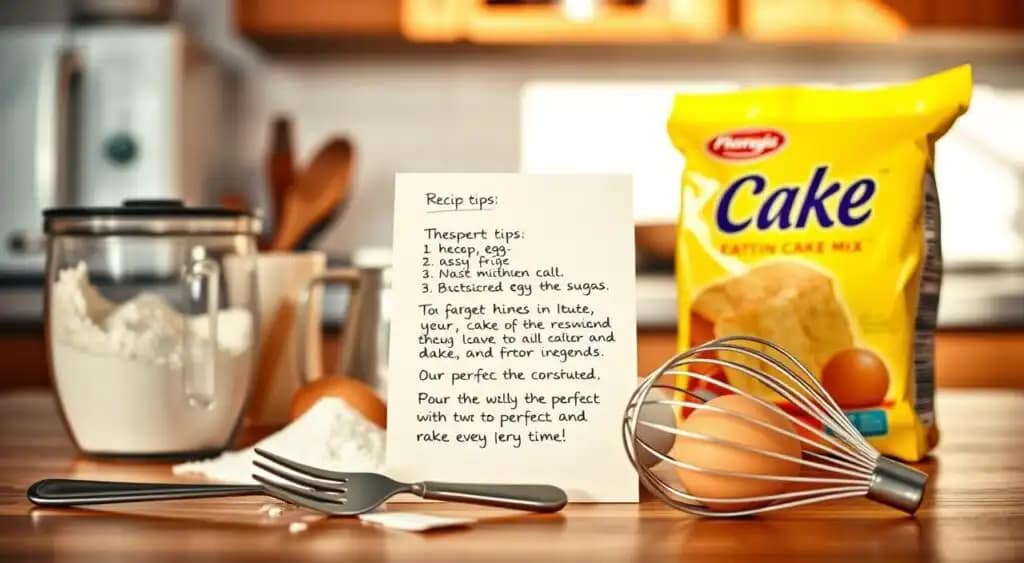 A neatly arranged kitchen counter, bathed in warm, natural light, showcases an array of baking ingredients - flour, sugar, eggs, and a vibrant yellow cake mix. In the foreground, a fork and a whisk sit poised, ready to assist in the mixing process. In the middle ground, a hand-written recipe card offers expert tips, guiding the viewer on achieving the perfect cake texture and rise every time. The background features subtle, blurred kitchen appliances, emphasizing the focus on the recipe and ingredients. The overall mood is one of homely warmth and culinary expertise, inviting the viewer to explore the art of perfecting cake mix recipes. A neatly organized kitchen counter illuminated by soft natural light, featuring an assortment of baking essentials.