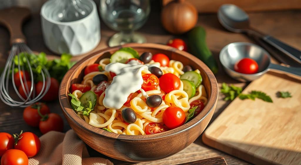 A beautifully lit pasta salad in a rustic wooden bowl, with fresh cherry tomatoes, crisp cucumbers, olives, and a creamy dressing drizzled over the top. The salad is surrounded by various kitchen tools and utensils, such as a whisk, a set of measuring spoons, and a cutting board, creating a mise en place-style composition. The lighting is warm and natural, with soft shadows accentuating the textures of the ingredients. The overall atmosphere is one of culinary curiosity and the desire to learn more about this delicious dish. A beautifully lit pasta salad in a rustic wooden bowl, with fresh cherry tomatoes, crisp cucumbers, olives, and a creamy dressing drizzled over the top. The salad is surrounded by various kitchen tools and utensils, such as a whisk, a set of measuring spoons, and a cutting board, creating a mise en place-style composition. The lighting is warm and natural, with soft shadows accentuating the textures of the ingredients. The overall atmosphere is one of culinary curiosity and the desire to learn more about this delicious dish.