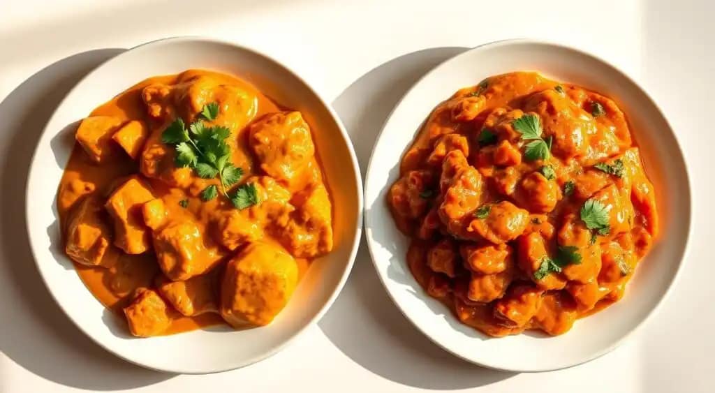 A beautifully lit studio shot showcasing a side-by-side comparison of butter chicken and tikka masala, presented on elegant white porcelain plates. The butter chicken, golden-hued with a rich, creamy sauce, is contrasted against the vibrant, spice-infused tikka masala. Garnished with fresh cilantro, the dishes are bathed in warm, directional lighting that casts subtle shadows, emphasizing their distinct textures and vibrant colors. The background is a clean, neutral backdrop, allowing the delectable dishes to take center stage and highlight their nutritional and health differences. A beautifully lit studio shot showcasing a side-by-side comparison of butter chicken and tikka masala, presented on elegant white porcelain plates. The butter chicken, golden-hued with a rich, creamy sauce, is contrasted against the vibrant, spice-infused tikka masala. Garnished with fresh cilantro, the dishes are bathed in warm, directional lighting that casts subtle shadows, emphasizing their distinct textures and vibrant colors. The background is a clean, neutral backdrop, allowing the delectable dishes to take center stage and highlight their nutritional and health differences.