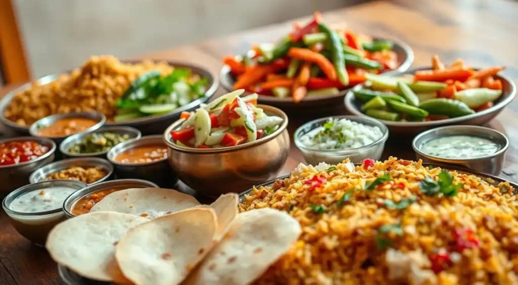 A bountiful spread of traditional Indian biryani sides, artfully arranged on a rustic wooden table. In the foreground, an assortment of chutneys and raitas - tangy, creamy, and bursting with vibrant hues. Slivers of crisp papadam fan out, their delicate texture contrasting with the rich, fragrant biryani. In the middle ground, a copper bowl overflows with cooling, refreshing cucumber salad, its fresh greens and tangy dressing inviting the senses. The background is anchored by a platter of bright, pickled vegetables, their bold colors and textures complementing the biryani's complex flavors. Warm, diffused lighting casts a golden glow, evoking the comforting atmosphere of a traditional Indian home. This is an authentic biryani feast, ready to transport the viewer to the vibrant culinary traditions of Vijayawada. A bountiful spread of traditional Indian biryani sides, artfully arranged on a rustic wooden table. In the foreground, an assortment of chutneys and raitas - tangy, creamy, and bursting with vibrant hues. Slivers of crisp papadam fan out, their delicate texture contrasting with the rich, fragrant biryani. In the middle ground, a copper bowl overflows with cooling, refreshing cucumber salad, its fresh greens and tangy dressing inviting the senses. The background is anchored by a platter of bright, pickled vegetables, their bold colors and textures complementing the biryani's complex flavors. Warm, diffused lighting casts a golden glow, evoking the comforting atmosphere of a traditional Indian home. This is an authentic biryani feast, ready to transport the viewer to the vibrant culinary traditions of Vijayawada.