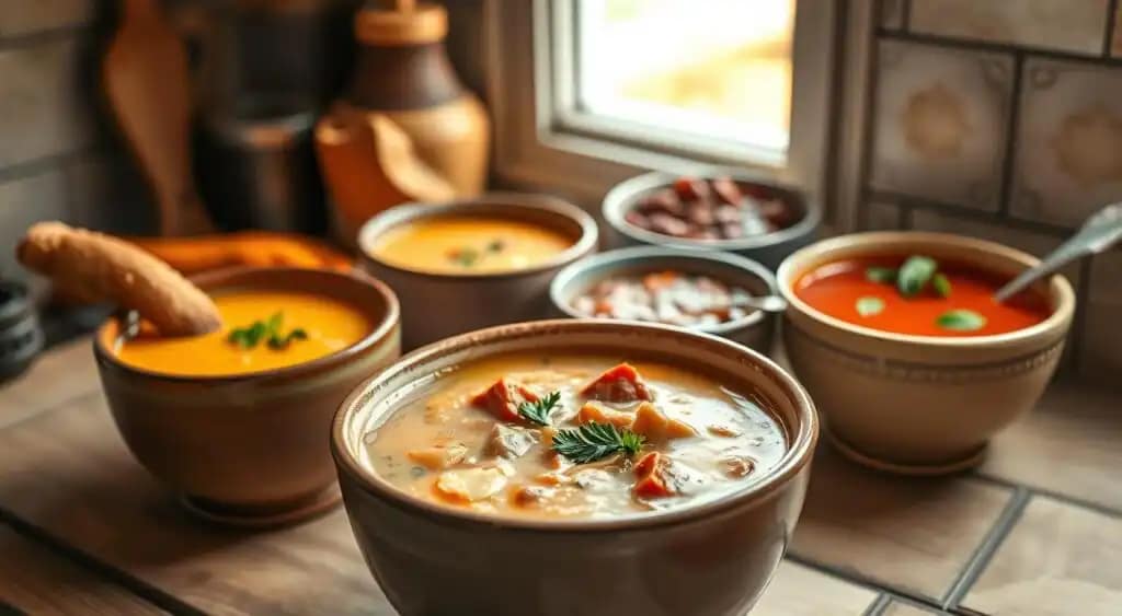 A cozy kitchen scene showcasing four seasonal variations of creamy, aromatic soup. In the foreground, a steaming bowl of rich Parmesan Italian sausage soup, garnished with fresh herbs and crusty bread. Behind it, a creamy butternut squash soup, a hearty beef and barley stew, and a vibrant tomato basil bisque, each captured in a vintage-style ceramic bowl. Soft natural lighting filters through the window, casting a warm glow over the scene. The composition is balanced and inviting, with the soups arranged in a pleasing layout that hints at the changing seasons. An autumnal color palette of burnt oranges, deep reds, and earthy browns creates a comforting, homey atmosphere. A cozy kitchen scene showcasing four seasonal variations of creamy, aromatic soup. In the foreground, a steaming bowl of rich Parmesan Italian sausage soup, garnished with fresh herbs and crusty bread. Behind it, a creamy butternut squash soup, a hearty beef and barley stew, and a vibrant tomato basil bisque, each captured in a vintage-style ceramic bowl. Soft natural lighting filters through the window, casting a warm glow over the scene. The composition is balanced and inviting, with the soups arranged in a pleasing layout that hints at the changing seasons. An autumnal color palette of burnt oranges, deep reds, and earthy browns creates a comforting, homey atmosphere.