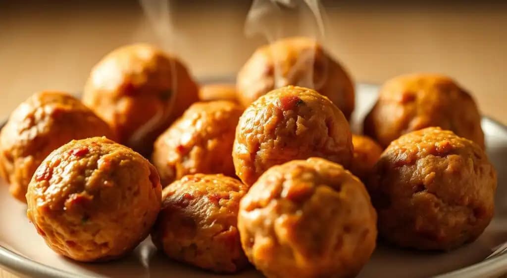 A golden-brown plate of perfectly baked sausage balls, fresh from the oven. The balls are evenly shaped, their surfaces glistening with a hint of butter or oil. Steam rises gently, carrying the savory aroma of seasoned pork. The lighting is soft and warm, highlighting the inviting texture of the sausage. The composition places the sausage balls in the foreground, with a clean, minimalist background to draw the eye. The overall mood is one of homemade comfort and culinary excellence, capturing the essence of a delectable sausage ball dish. A golden-brown plate of perfectly baked sausage balls, fresh from the oven. The balls are evenly shaped, their surfaces glistening with a hint of butter or oil. Steam rises gently, carrying the savory aroma of seasoned pork. The lighting is soft and warm, highlighting the inviting texture of the sausage. The composition places the sausage balls in the foreground, with a clean, minimalist background to draw the eye. The overall mood is one of homemade comfort and culinary excellence, capturing the essence of a delectable sausage ball dish.