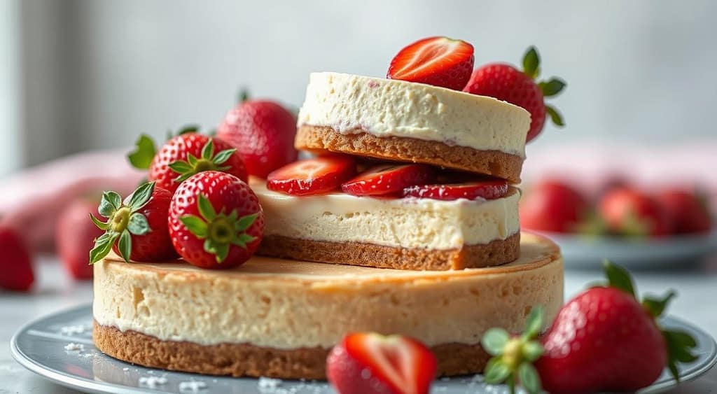 A meticulously layered dessert composition featuring a rich, creamy cheesecake resting atop a moist, delicate sponge cake, all adorned with vibrant, juicy strawberries. The scene is captured in soft, diffused lighting, with a shallow depth of field that gently blurs the background, drawing the viewer's attention to the luscious textures and flavors of this decadent creation. The camera angle is slightly elevated, providing a tantalizing perspective of the cake's intricately stacked layers and the tempting arrangement of fresh fruit. An atmosphere of temptation and indulgence permeates the scene, inviting the viewer to savor every bite of this expertly crafted strawberry cheesecake cake. A meticulously layered dessert composition featuring a rich, creamy cheesecake resting atop a moist, delicate sponge cake, all adorned with vibrant, juicy strawberries. The scene is captured in soft, diffused lighting, with a shallow depth of field that gently blurs the background, drawing the viewer's attention to the luscious textures and flavors of this decadent creation. The camera angle is slightly elevated, providing a tantalizing perspective of the cake's intricately stacked layers and the tempting arrangement of fresh fruit. An atmosphere of temptation and indulgence permeates the scene, inviting the viewer to savor every bite of this expertly crafted strawberry cheesecake cake.