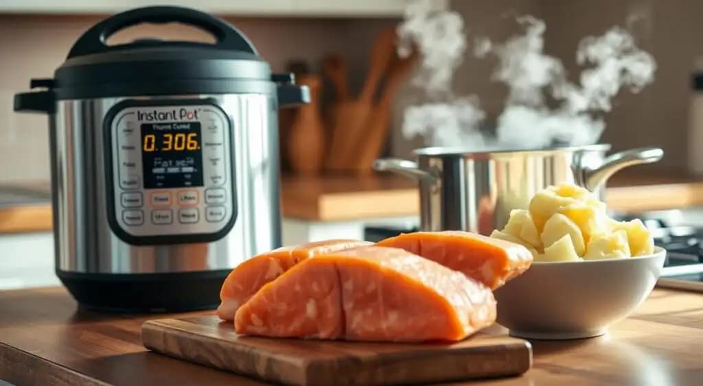 A stainless steel Instant Pot stands proudly on a wooden kitchen counter, its digital display glowing. Beside it, a traditional stovetop pot simmers away, steam rising in delicate wisps. In the foreground, fresh salmon fillets and a bowl of mashed potatoes await their fate, the two cooking methods vying for the spotlight. Soft, natural lighting filters in, casting a warm, inviting glow over the scene. The perspective is slightly elevated, allowing the viewer to take in the entire setup. The mood is one of quiet contemplation, each method offering its own unique advantages and challenges. This image will serve as a visual representation of the contrasting cooking techniques explored in the article. A stainless steel Instant Pot stands proudly on a wooden kitchen counter, its digital display glowing. Beside it, a traditional stovetop pot simmers away, steam rising in delicate wisps. In the foreground, fresh salmon fillets and a bowl of mashed potatoes await their fate, the two cooking methods vying for the spotlight. Soft, natural lighting filters in, casting a warm, inviting glow over the scene. The perspective is slightly elevated, allowing the viewer to take in the entire setup. The mood is one of quiet contemplation, each method offering its own unique advantages and challenges. This image will serve as a visual representation of the contrasting cooking techniques explored in the article.