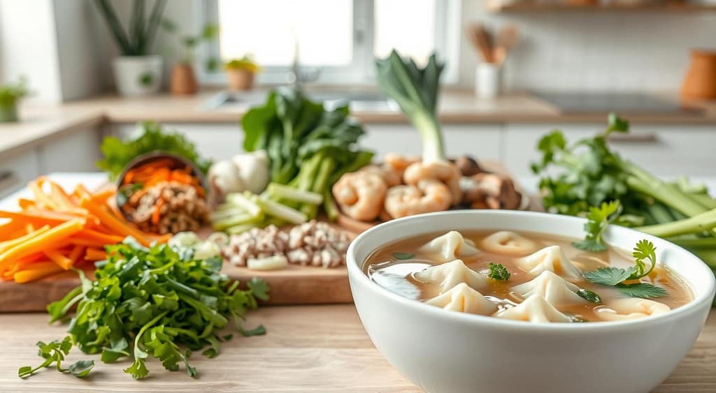 A variety of nutritious wonton soup creations presented in an appetizing tableau. In the foreground, a large white bowl filled with tender, handmade wontons swimming in a fragrant, steaming broth. Surrounding the bowl, an assortment of vibrant, freshly chopped garnishes - crisp leafy greens, slivered scallions, matchstick carrots, and delicate cilantro sprigs. In the middle ground, a wooden board holding various wonton fillings - minced pork, shrimp, shiitake mushrooms, and bok choy. In the background, a clean, light-filled kitchen setting with soft, even lighting from a large window, conveying a sense of wholesome, homemade goodness. The overall mood is one of nourishment, customization, and culinary creativity. A variety of nutritious wonton soup creations presented in an appetizing tableau. In the foreground, a large white bowl filled with tender, handmade wontons swimming in a fragrant, steaming broth. Surrounding the bowl, an assortment of vibrant, freshly chopped garnishes - crisp leafy greens, slivered scallions, matchstick carrots, and delicate cilantro sprigs. In the middle ground, a wooden board holding various wonton fillings - minced pork, shrimp, shiitake mushrooms, and bok choy. In the background, a clean, light-filled kitchen setting with soft, even lighting from a large window, conveying a sense of wholesome, homemade goodness. The overall mood is one of nourishment, customization, and culinary creativity.