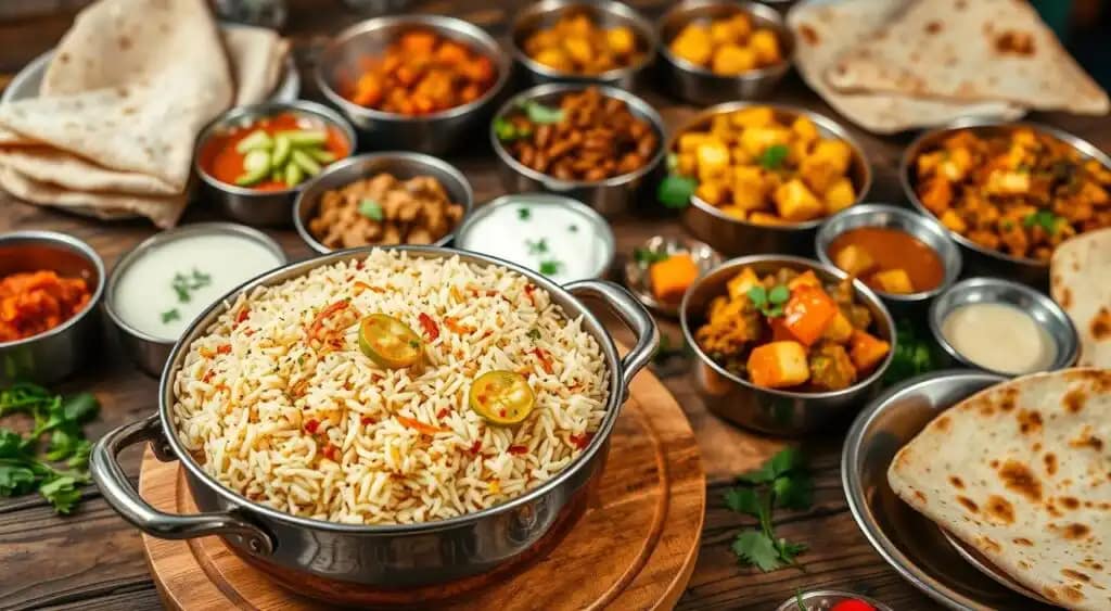 A vibrant array of vegetarian biryani dishes, artfully arranged on a rustic wooden table. In the foreground, a steaming pot of fragrant saffron-infused basmati rice, dotted with colorful vegetables and aromatic spices. Surrounding it, a variety of accompaniments: a creamy cucumber raita, tangy mango chutney, and crisp papadum. The middle ground features a selection of simmered lentils, curried potatoes, and fragrant paneer cubes. Soft, pillowy naan breads and a scattering of fresh herbs complete the scene, illuminated by warm, natural lighting and captured from a slightly elevated angle, evoking the comforting allure of an authentic Indian home-cooked meal. A vibrant array of vegetarian biryani dishes, artfully arranged on a rustic wooden table. In the foreground, a steaming pot of fragrant saffron-infused basmati rice, dotted with colorful vegetables and aromatic spices. Surrounding it, a variety of accompaniments: a creamy cucumber raita, tangy mango chutney, and crisp papadum. The middle ground features a selection of simmered lentils, curried potatoes, and fragrant paneer cubes. Soft, pillowy naan breads and a scattering of fresh herbs complete the scene, illuminated by warm, natural lighting and captured from a slightly elevated angle, evoking the comforting allure of an authentic Indian home-cooked meal.