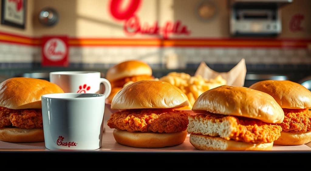 A visually appetizing display of popular Chick-fil-A breakfast menu items, captured in a warm, inviting diner-style setting. The foreground features a selection of the brand's iconic chicken minis, their soft, fluffy buns and perfectly cooked chicken patties glistening under natural light. In the middle ground, a variety of other breakfast options are neatly arranged, including flaky biscuits, hashbrowns, and a steaming cup of coffee. The background evokes a cozy, retro-inspired ambiance, with vintage-inspired tiles, chrome accents, and subtle hints of the Chick-fil-A brand colors. The overall scene emanates a sense of comfort, quality, and the irresistible allure of Chick-fil-A's beloved breakfast menu. A visually appetizing display of popular Chick-fil-A breakfast menu items, captured in a warm, inviting diner-style setting. The foreground features a selection of the brand's iconic chicken minis, their soft, fluffy buns and perfectly cooked chicken patties glistening under natural light. In the middle ground, a variety of other breakfast options are neatly arranged, including flaky biscuits, hashbrowns, and a steaming cup of coffee. The background evokes a cozy, retro-inspired ambiance, with vintage-inspired tiles, chrome accents, and subtle hints of the Chick-fil-A brand colors. The overall scene emanates a sense of comfort, quality, and the irresistible allure of Chick-fil-A's beloved breakfast menu.