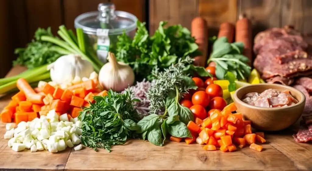An array of fresh, vibrant ingredients laid out on a rustic wooden table, inviting the viewer to customize their soup. In the foreground, an assortment of chopped vegetables - carrots, celery, onions, and garlic - await addition to the pot. In the middle ground, a variety of herbs, such as thyme, rosemary, and basil, stand ready to impart their aromatic flavors. In the background, a selection of cured meats, including Italian sausage and prosciutto, offer savory accents. The scene is bathed in warm, natural lighting, casting a cozy, homemade ambiance. This image perfectly captures the spirit of culinary exploration and personalization, reflecting the "How to Customize Your Soup" section of the article. An array of fresh, vibrant ingredients laid out on a rustic wooden table, inviting the viewer to customize their soup. In the foreground, an assortment of chopped vegetables - carrots, celery, onions, and garlic - await addition to the pot. In the middle ground, a variety of herbs, such as thyme, rosemary, and basil, stand ready to impart their aromatic flavors. In the background, a selection of cured meats, including Italian sausage and prosciutto, offer savory accents. The scene is bathed in warm, natural lighting, casting a cozy, homemade ambiance. This image perfectly captures the spirit of culinary exploration and personalization, reflecting the "How to Customize Your Soup" section of the article.