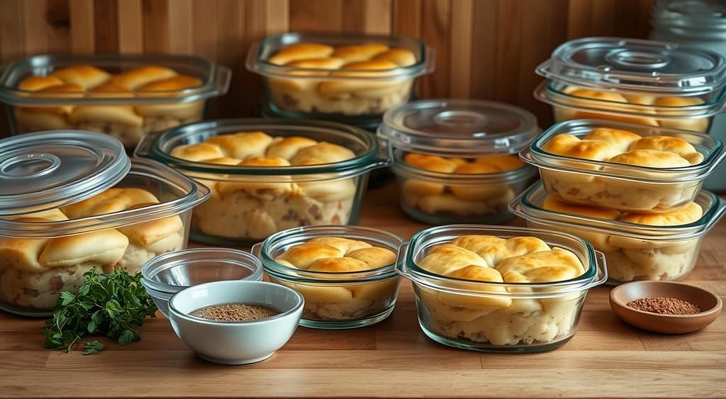 Chicken pot pie in glass storage containers on a wooden table. Soft, warm lighting illuminates the golden crust and filling peeking through the clear glass. Various sizes of containers are neatly arranged, some with tight-fitting lids, others open to showcase the savory dish. Herbs and spices in small bowls provide a sense of homemade preparation. The scene conveys a cozy, well-organized kitchen ready to store and preserve the comforting chicken pot pie for future enjoyment. Chicken pot pie in glass storage containers on a wooden table. Soft, warm lighting illuminates the golden crust and filling peeking through the clear glass. Various sizes of containers are neatly arranged, some with tight-fitting lids, others open to showcase the savory dish. Herbs and spices in small bowls provide a sense of homemade preparation. The scene conveys a cozy, well-organized kitchen ready to store and preserve the comforting chicken pot pie for future enjoyment.