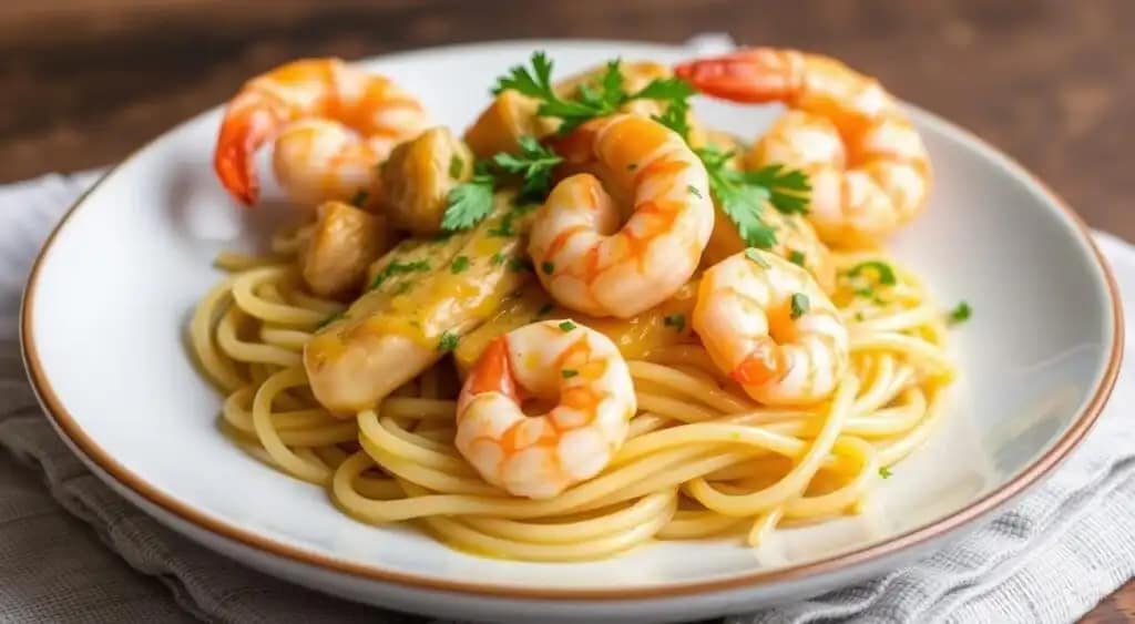 Image of Garlic Butter Chicken and Shrimp Pasta: A delicious plate of pasta with chicken, shrimp, and garlic butter sauce. Image of Garlic Butter Chicken and Shrimp Pasta: A delicious plate of pasta with chicken, shrimp, and garlic butter sauce.