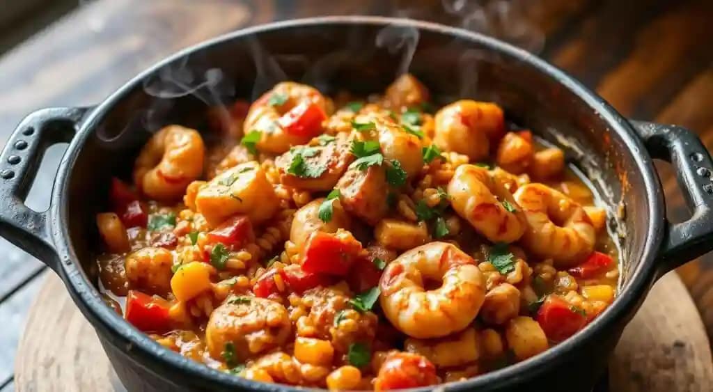 Image of a sizzling Cajun Chicken and Shrimp Jambalaya dish in a cast-iron pot. Image of a sizzling Cajun Chicken and Shrimp Jambalaya dish in a cast-iron pot.