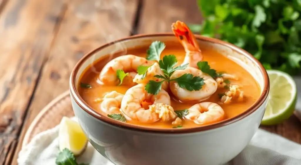 Image of a steaming bowl of Thai Coconut Chicken and Shrimp Soup garnished with fresh cilantro and lime wedges. Image of a steaming bowl of Thai Coconut Chicken and Shrimp Soup garnished with fresh cilantro and lime wedges.