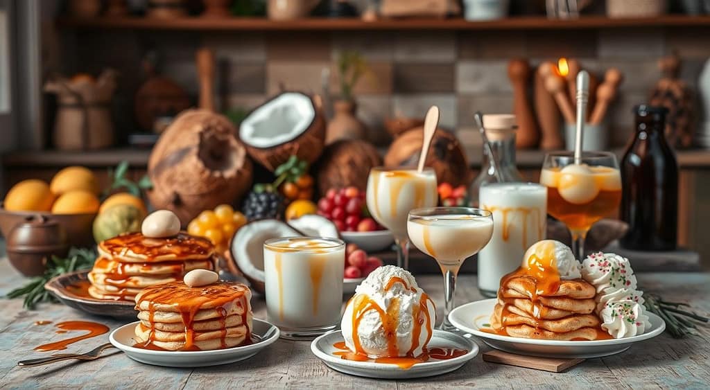 A vibrant still life scene showcasing creative ways to use coconut syrup. In the foreground, a variety of drizzled desserts and beverages, such as pancakes, waffles, cocktails, and ice cream, demonstrating the versatility of the syrup. The middle ground features an arrangement of coconuts, fresh ingredients, and kitchen tools, while the background subtly suggests a cozy, rustic kitchen setting with warm lighting and wooden accents. The overall mood is one of culinary inspiration and wholesome, homemade indulgence. A vibrant still life scene showcasing creative ways to use coconut syrup. In the foreground, a variety of drizzled desserts and beverages, such as pancakes, waffles, cocktails, and ice cream, demonstrating the versatility of the syrup. The middle ground features an arrangement of coconuts, fresh ingredients, and kitchen tools, while the background subtly suggests a cozy, rustic kitchen setting with warm lighting and wooden accents. The overall mood is one of culinary inspiration and wholesome, homemade indulgence.