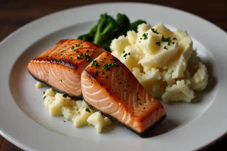 A meticulously plated salmon fillet with crisp, golden skin sits atop a smooth, creamy mound of mashed potatoes, garnished with a delicate sprig of fresh dill and a drizzle of vibrant green herb oil. The dish is presented on a sleek, contemporary white plate, illuminated by soft, directional lighting that casts subtle shadows and highlights the texture and composition. The overall scene conveys a sense of culinary expertise, attention to detail, and a commitment to creating a visually stunning and appetizing presentation. Gourmet Salmon Fillet with Mashed Potatoes and Herb Oil