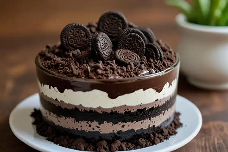 Oreo Dirt Cake Dessert with Creamy Layers and Crushed Cookies